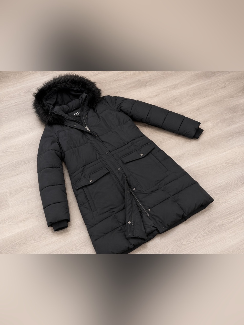 DKNY Black Long Puffer Coat with Hood
